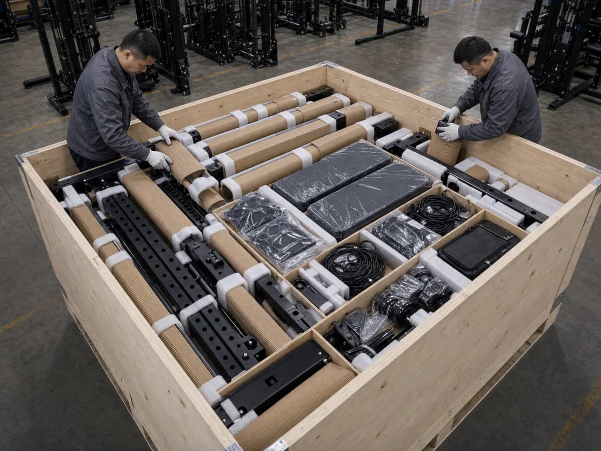 Protected 3-in-1 home gym components in a wooden crate