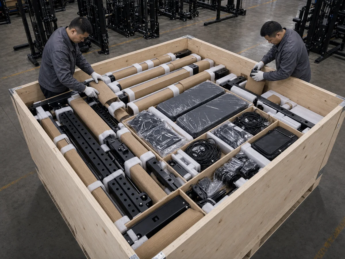 Protected 3-in-1 home gym components in a wooden crate
